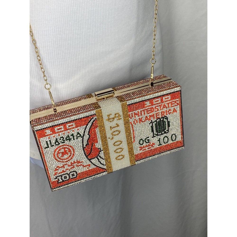 Money Rhinestone Cluch with Chain Crossbody Strap